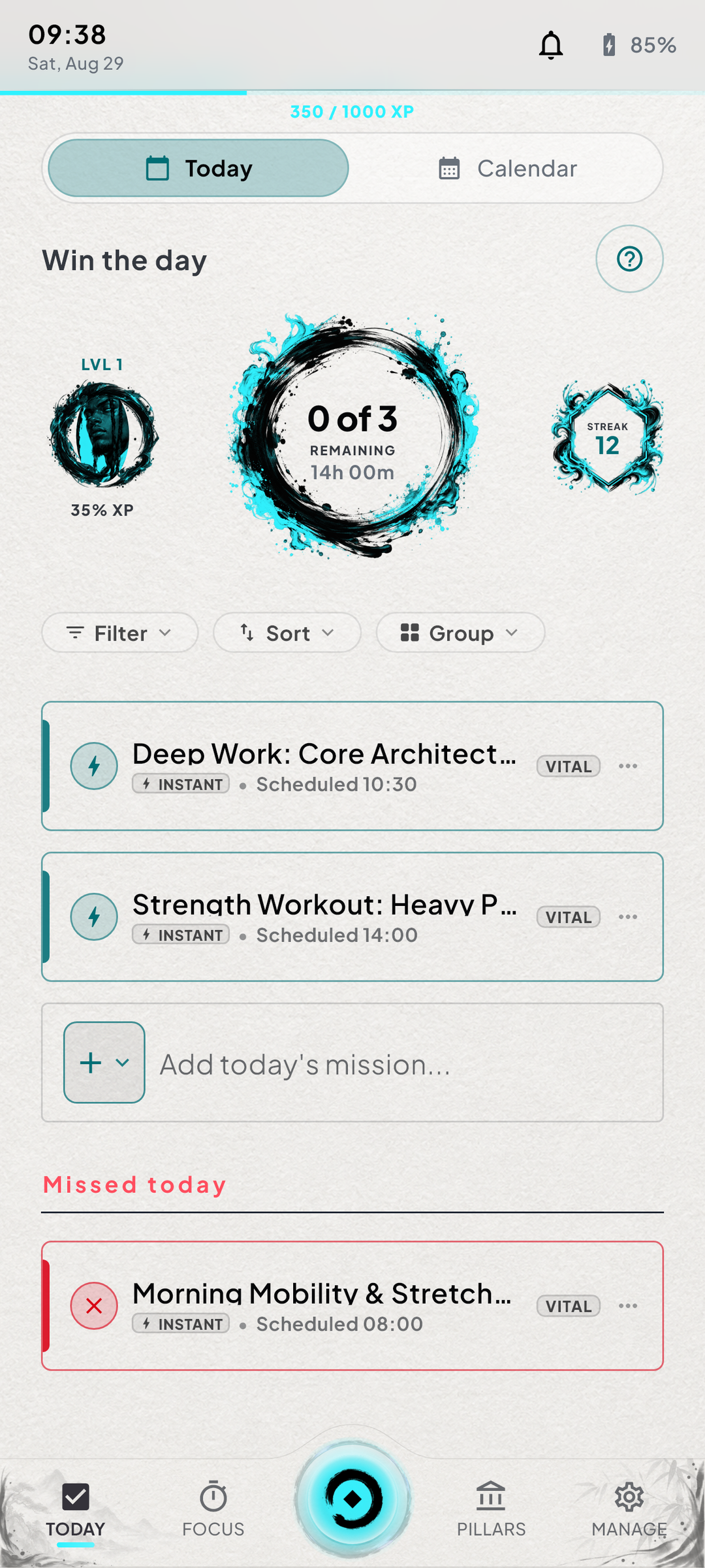 Ambiocore Today screen showing schedule, habits, priorities, and daily progress