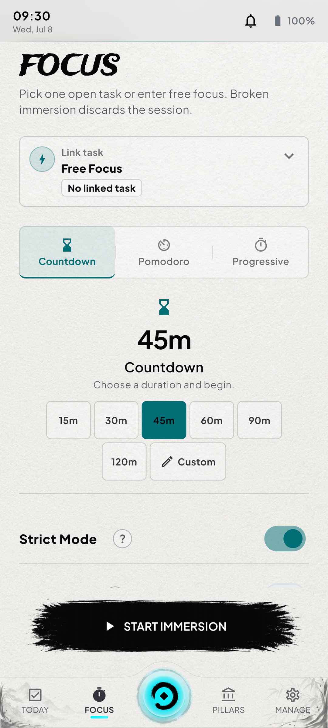 Ambiocore focus session screen centered on one action
